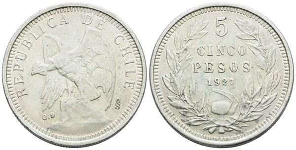 CILE. 5 pesos 1927. Ag; 25gr; KM 173; SPL/FDC