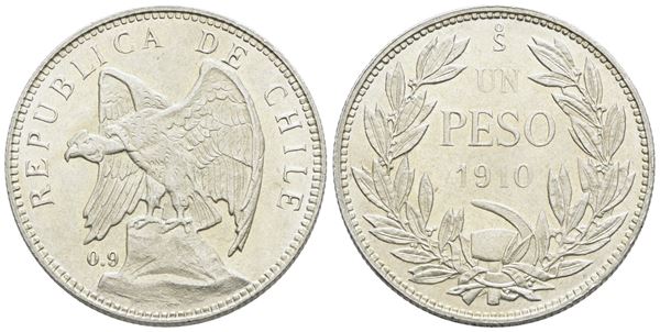 CILE. 1 peso 1910. Ag; 12gr; KM 152.3; SPL/FDC