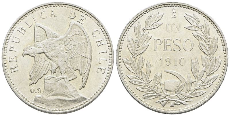 CILE. 1 peso 1910. Ag; 12gr; KM 152.3; SPL/FDC