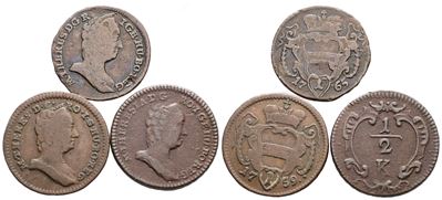 Maria Teresa d'Asburgo, Lotto di 3 monete da 1/2 kreuzer e 1 pfennig (1764, 1759, 1765)