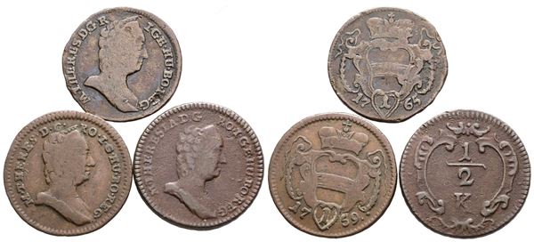 AUSTRIA. Maria Teresa d'Asburgo (1740-1780). Lotto d 3 monete da 1/2 kreuzer 1764, 1 pfennig 1759, 1765. Cu; Conservazioni varie.