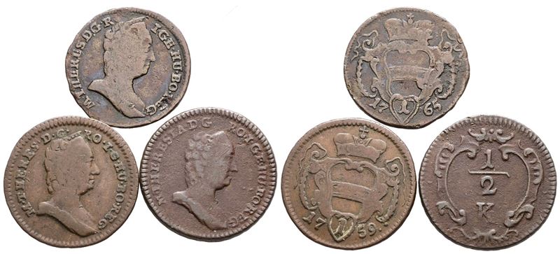 Maria Teresa d'Asburgo, Lotto di 3 monete da 1/2 kreuzer e 1 pfennig (1764, 1759, 1765)