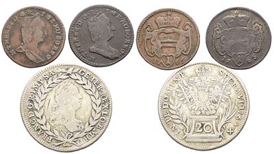 Maria Teresa d'Asburgo, Lotto di 3 monete da 1 pfennig (1765) e 20 kreuzer (1764)