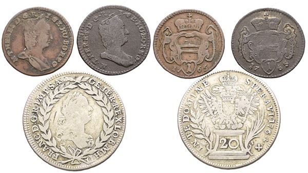 AUSTRIA. Maria Teresa d'Asburgo (1740-1780). Interessante lotto d 3 monete da 1 pfennig 1765 Cu, 20 kreuzer 1764 Ag. Conservazioni varie.