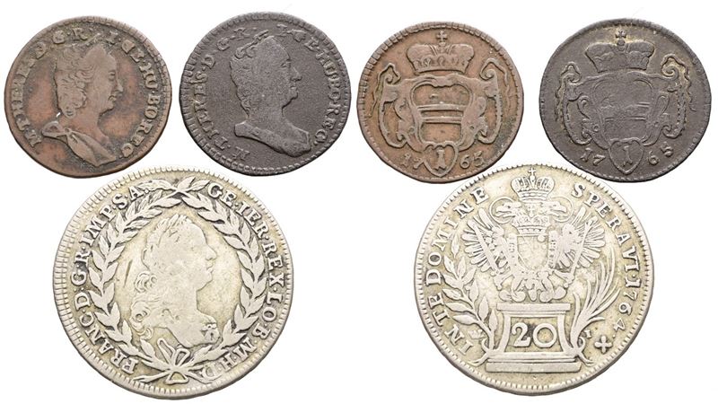 Maria Teresa d'Asburgo, Lotto di 3 monete da 1 pfennig (1765) e 20 kreuzer (1764)