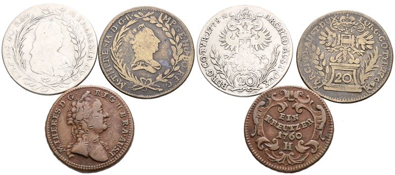 AUSTRIA. Maria Teresa d'Asburgo (1740-1780). Interessante lotto d 3 monete da 1 pfennig Cu, 20 kr...