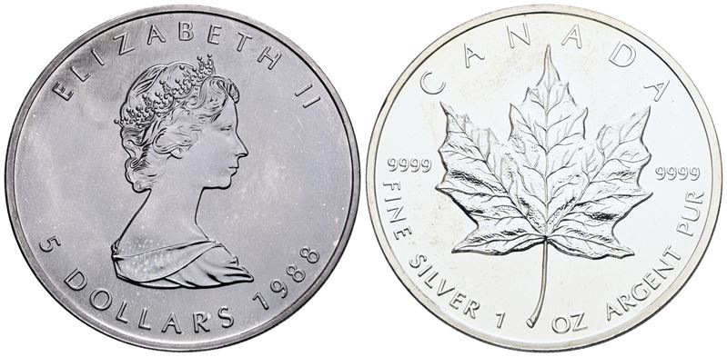 CANADA. Elisabetta II (1952-2022). 5 dollari 1988 - oncia. Ag; 31,1gr; KM 163; FDC