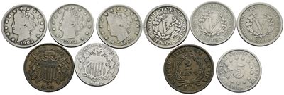 Lotto di 5 monete USA, 5 cent e 2 cent, metalli vari, date e conservazioni miste