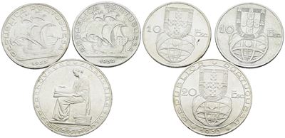 Portogallo, Lotto di 3 monete: 20 escudos 1953, 10 escudos 1954 e 1955