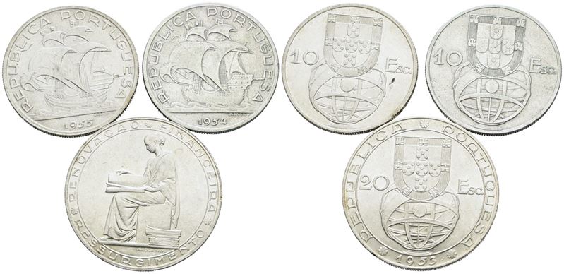 Portogallo, Lotto di 3 monete: 20 escudos 1953, 10 escudos 1954 e 1955
