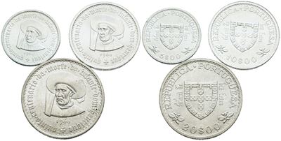 Portogallo, Lotto di 3 monete da 5, 10 e 20 escudos, 1960, Ag