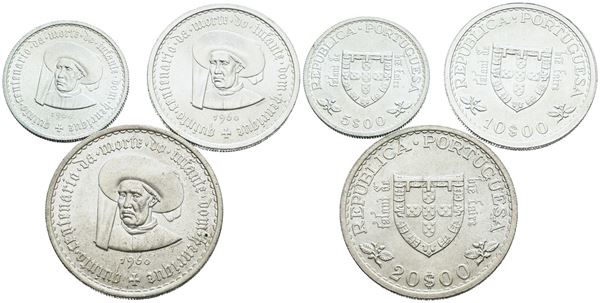PORTOGALLO. Interessante lotto di 3 monete da 5, 10, 20 escudos 1960. Ag; FDC 