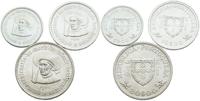 Portogallo, Lotto di 3 monete da 5, 10 e 20 escudos, 1960, Ag
