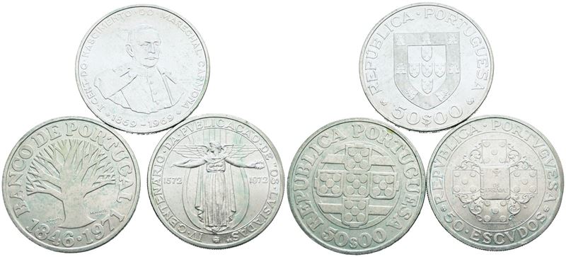 Portogallo. Interessante Lotto di 3 Monete da 50 Escudos 1969, 1971, 1972. Ag; Fdc