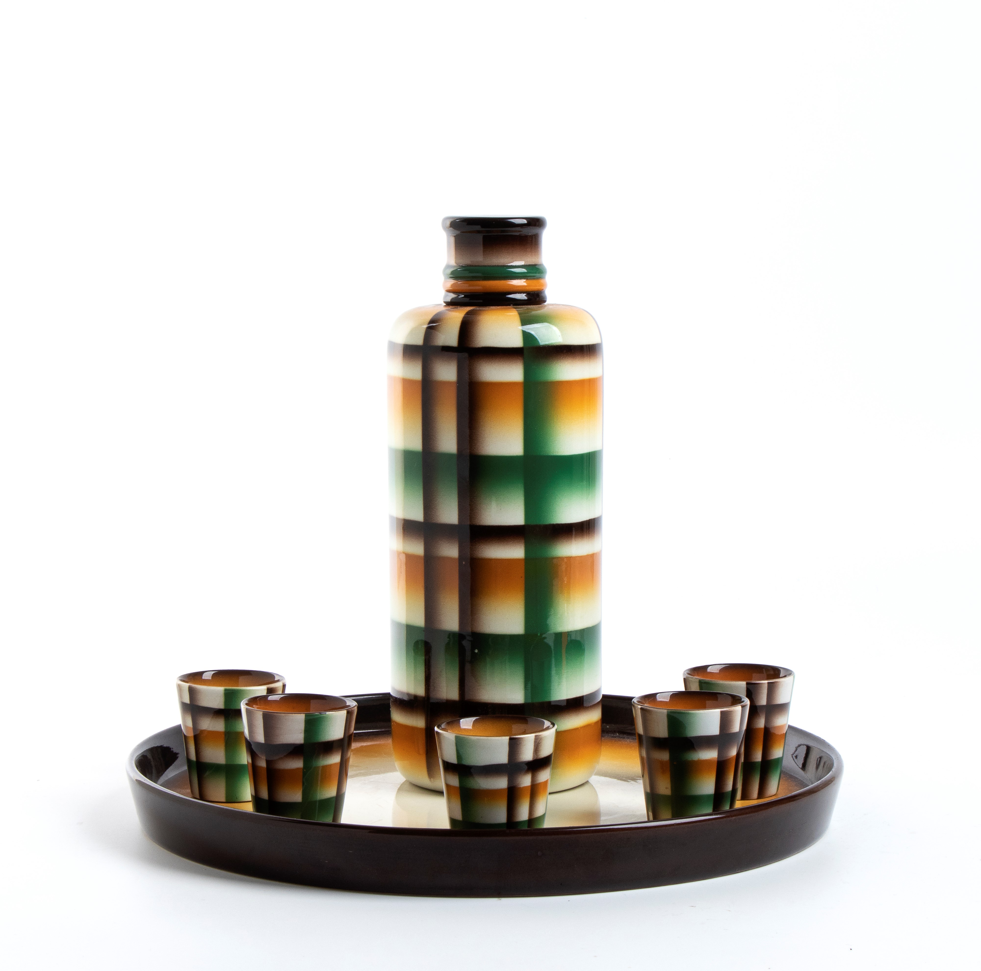 Set completo: bottiglia con tappo, 5 bicchieri da amaro e vassoio