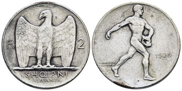 ALBANIA. 2 franga 1926. Ag; 10gr; KM 7; Raro; BB/SPL, leggera traccia di appiccagnolo.