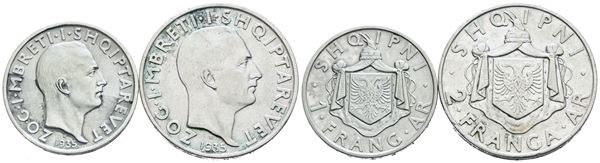 ALBANIA. Zog I (1928-1939). Interessante lotto di 2 monete da 1 e 2 franga 1935. Ag; 