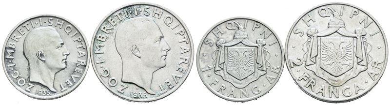 Zog I, Lotto di 2 monete da 1 e 2 franga, 1935