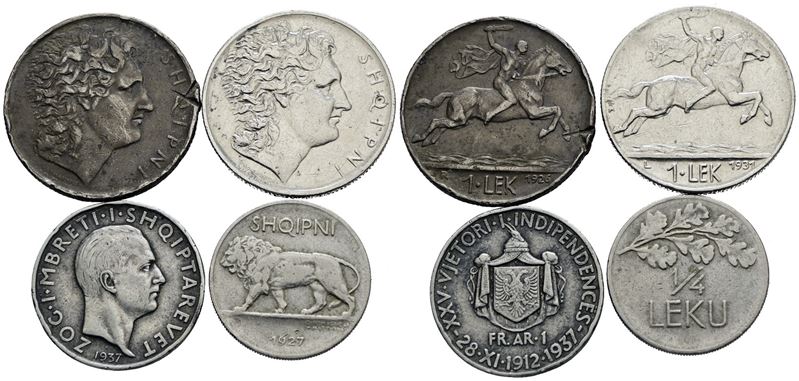 Albania, Lotto di 4 monete: 1 franga 1937, 1 lek, 1/4 lek in metallo, varie conservazioni