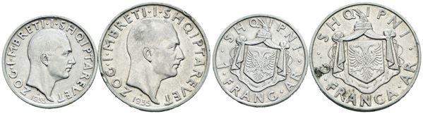 ALBANIA. Zog I (1928-1939). Interessante lotto di 2 monete da 1 e 2 franga 1935. Ag; Conservazioni varie.