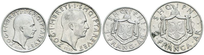 Albania, Zog I (1928-1939), Lotto di due monete da 1 e 2 franga, 1935, in argento