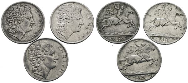 ALBANIA. Zog I (1928-1939). Lotto di 3 monete da 1 lek. Ni. Date e conservazioni varie.
