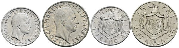 ALBANIA. Zog I (1928-1939). Interessante lotto di 2 monete da 1 e 2 franga 1935. Conservazioni varie.