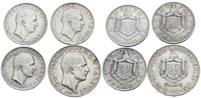 Zog I, Lotto di 4 monete da 1 e 2 franga 1937, Ag