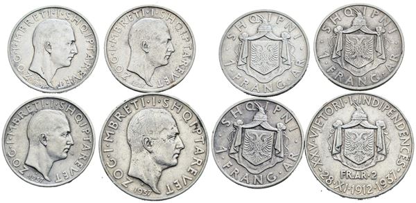 ALBANIA. Zog I (1928-1939). Interessante lotto di 4 monete da 1 e 2 franga 1937. Ag; Conservazioni varie.