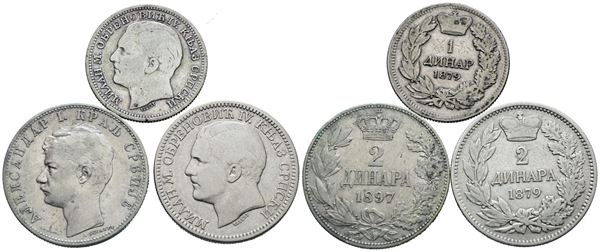 SERBIA. Interessante lotto di 3 monete da 2 dinari 1879-1897, 1 dinaro 1879. Ag; Conservazioni varie.