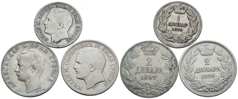 Serbia, Lotto di tre monete da 2 dinari (1879-1897) e una moneta da 1 dinaro (1879)