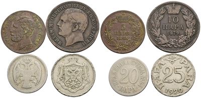 Monete della Serbia - Jugoslavia, Lotto di 4 esemplari, metalli e conservazioni varie
