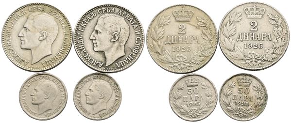 JUGOSLAVIA. Alessandro I (1918-1941). Lotto di 4 monete da 2 dinari e 50 para 1925. Cu; Conservazioni varie.