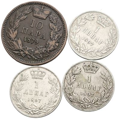 Serbia, Lotto di 4 monete da 1 dinar del 1897 in Argento e 10 para del 1879 in Rame