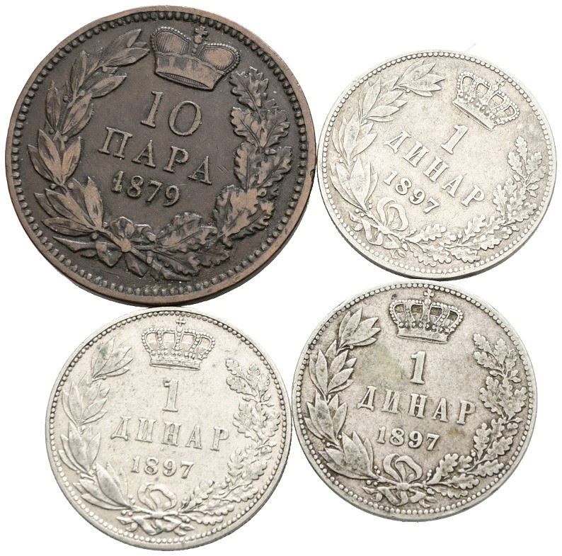Serbia, Lotto di 4 monete da 1 dinar del 1897 in Argento e 10 para del 1879 in Rame