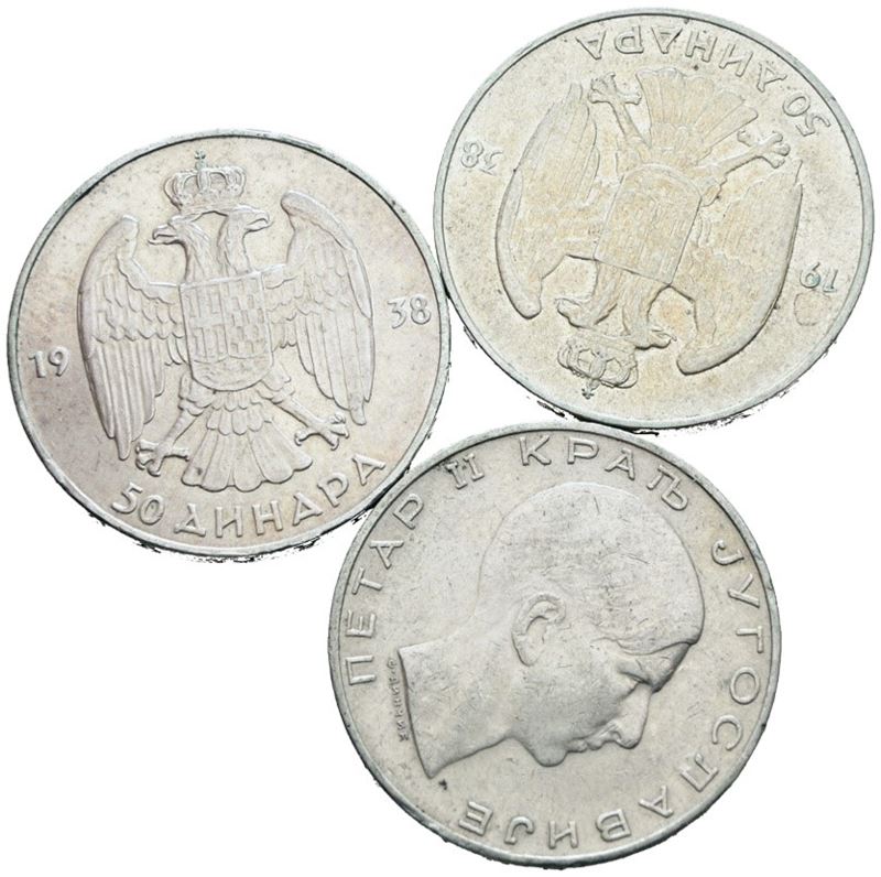 Alessandro I, Lotto di 3 monete da 50 dinari del 1938