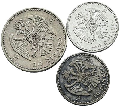 Alessandro I di Jugoslavia, Lotto di tre monete da 20 e 10 dinari 1931, Ag