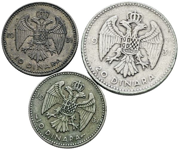 JUGOSLAVIA. Alessandro I (1918-1941). Lotto di 3 monete da 20, 10 dinari 1931. Ag; Conservazioni varie.