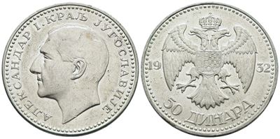 Alessandro I di Jugoslavia, 50 dinari 1932, Ag, 23 gr, SPL