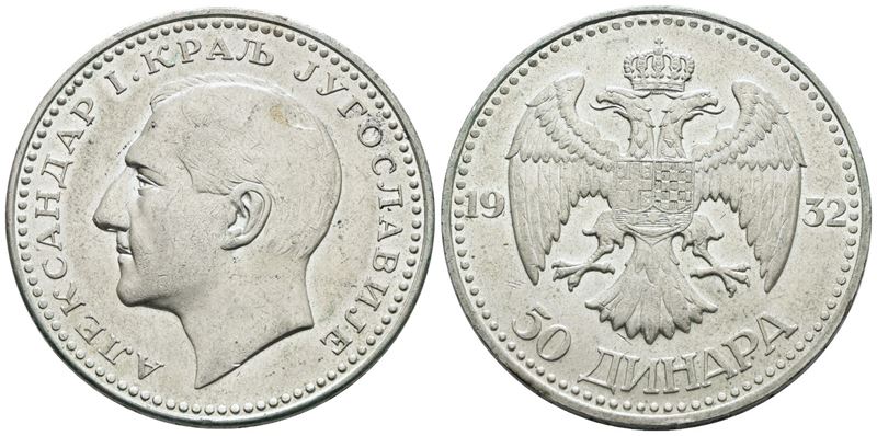 Alessandro I di Jugoslavia, 50 dinari 1932, Ag, 23 gr, SPL