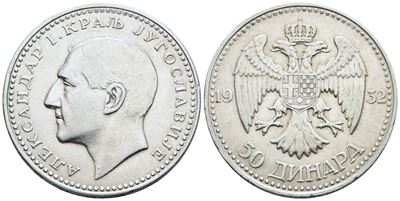 Jugoslavia. Alessandro i (1918-1941). 50 Dinari 1932. Ag; 23gr; Km 16; Spl