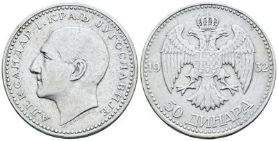 Alessandro I, 50 dinari 1932, Argento