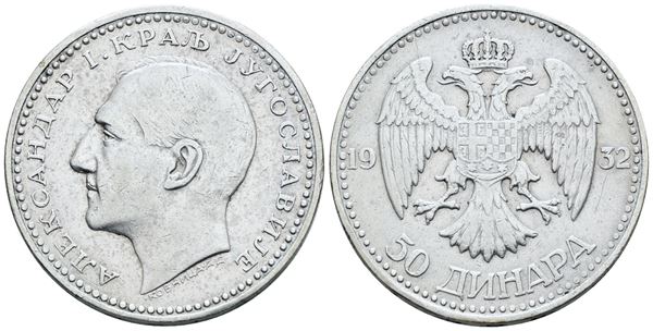 JUGOSLAVIA. Alessandro I (1918-1941). 50 dinari 1932. Ag; 23gr; KM 16; Q.SPL