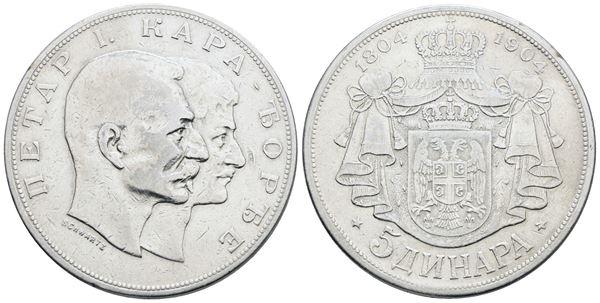 SERBIA. Pietro I (1882-1917). 5 dinari 1904 "Centenario". Ag; 25gr; KM 27; BB