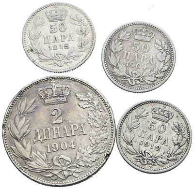 Pietro I, Lotto di 4 monete da 2 dinari e 5 para, Ag
