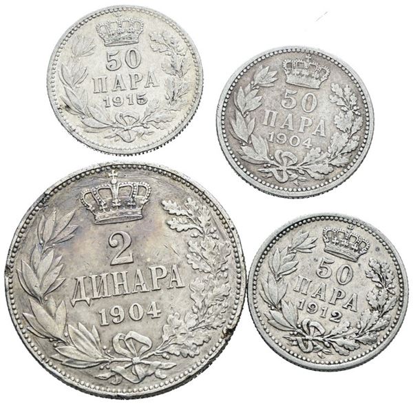 SERBIA. Pietro I (1882-1917). Lotto di 4 monete da 2 dinari, 5 para. Ag; Conservazioni varie.