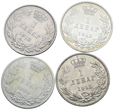 Pietro I di Serbia, Lotto di 4 monete da 1 dinar in argento; date e conservazioni varie