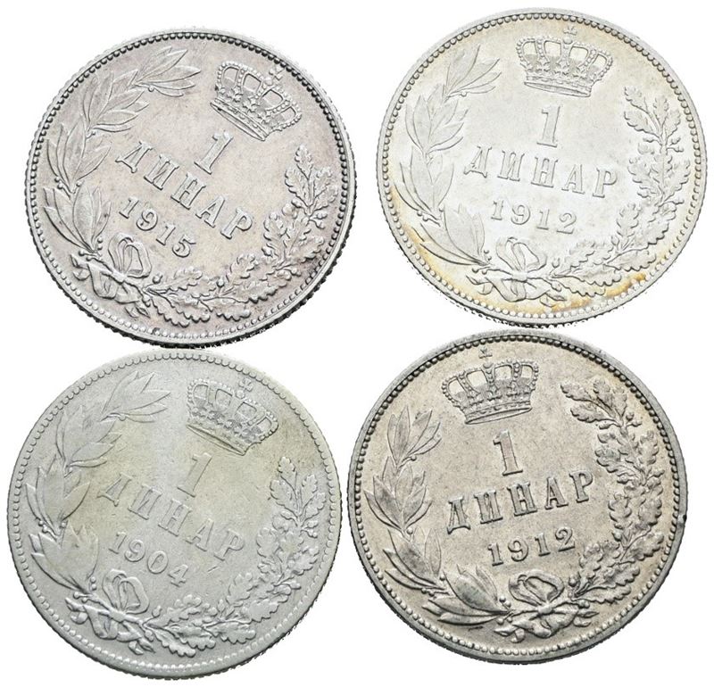 Pietro I di Serbia, Lotto di 4 monete da 1 dinar in argento; date e conservazioni varie