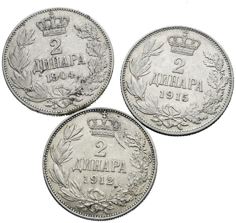 Pietro I, Lotto di 3 monete da 2 dinari (1904, 1912, 1915)