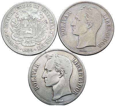 VENEZUELA, Lotto di 3 monete da 5 bolivar in argento da 25 gr l'una, date e conservazioni varie